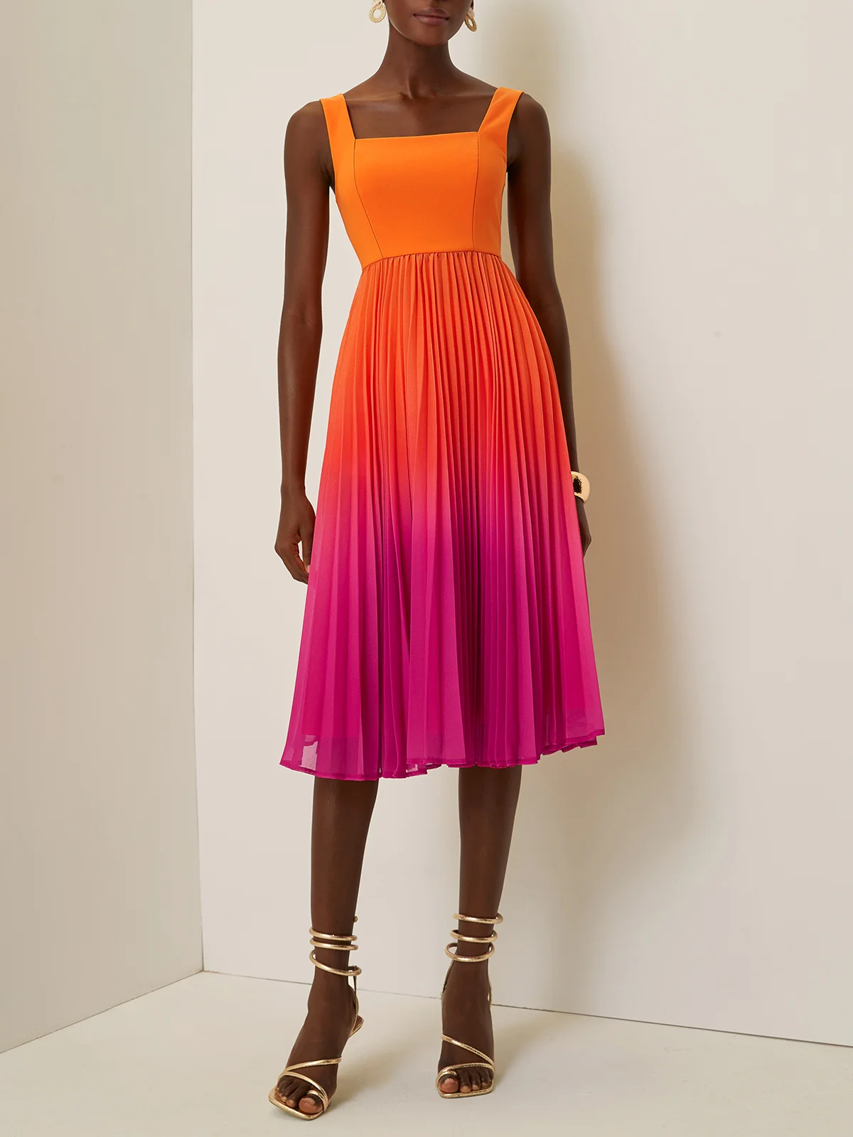 Orange Pleated Ombre Classic Square Neck Sleeveless A-Line Midi Dress