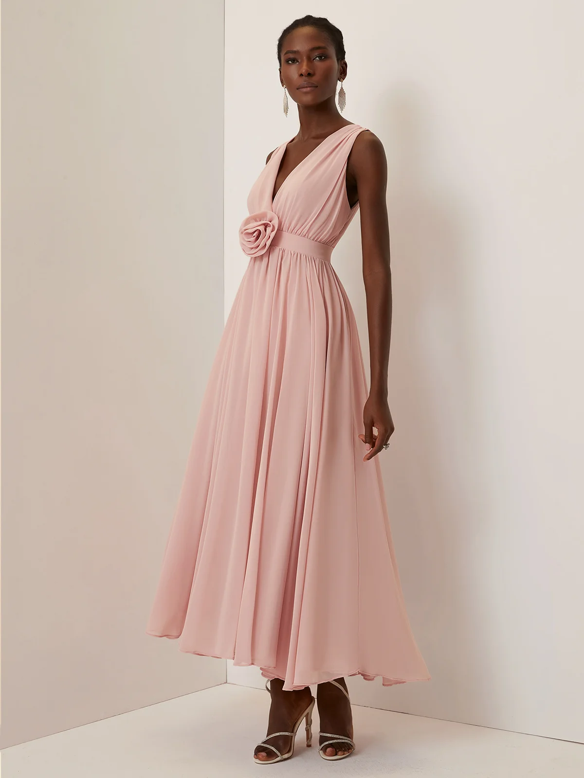 Pink 3D Floral Ruched Chiffon V Neck Sleeveless A-Line Maxi Dress
