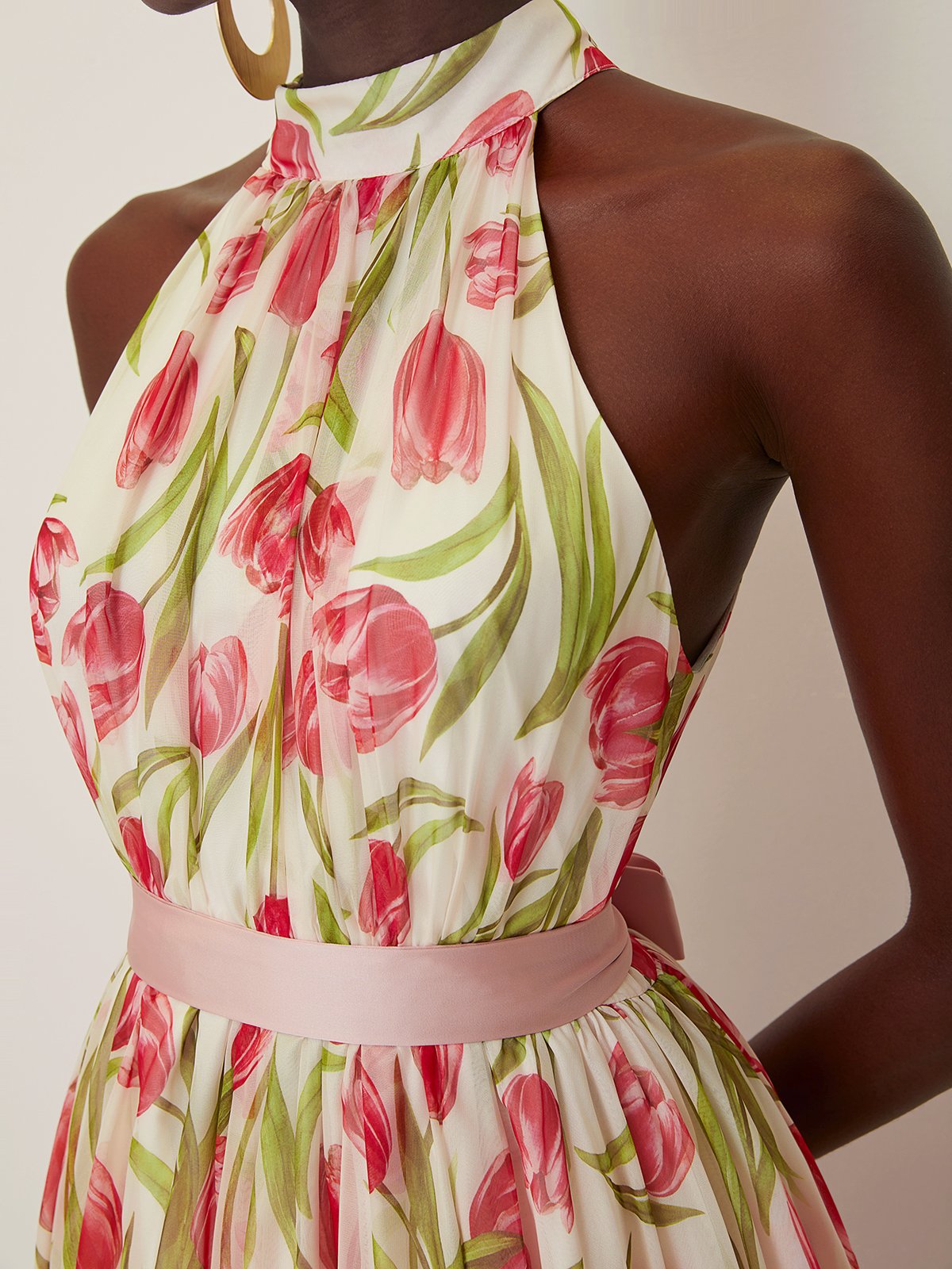 Pink Pleated Floral Chiffon Halter Sleeveless A-Line Maxi Dress