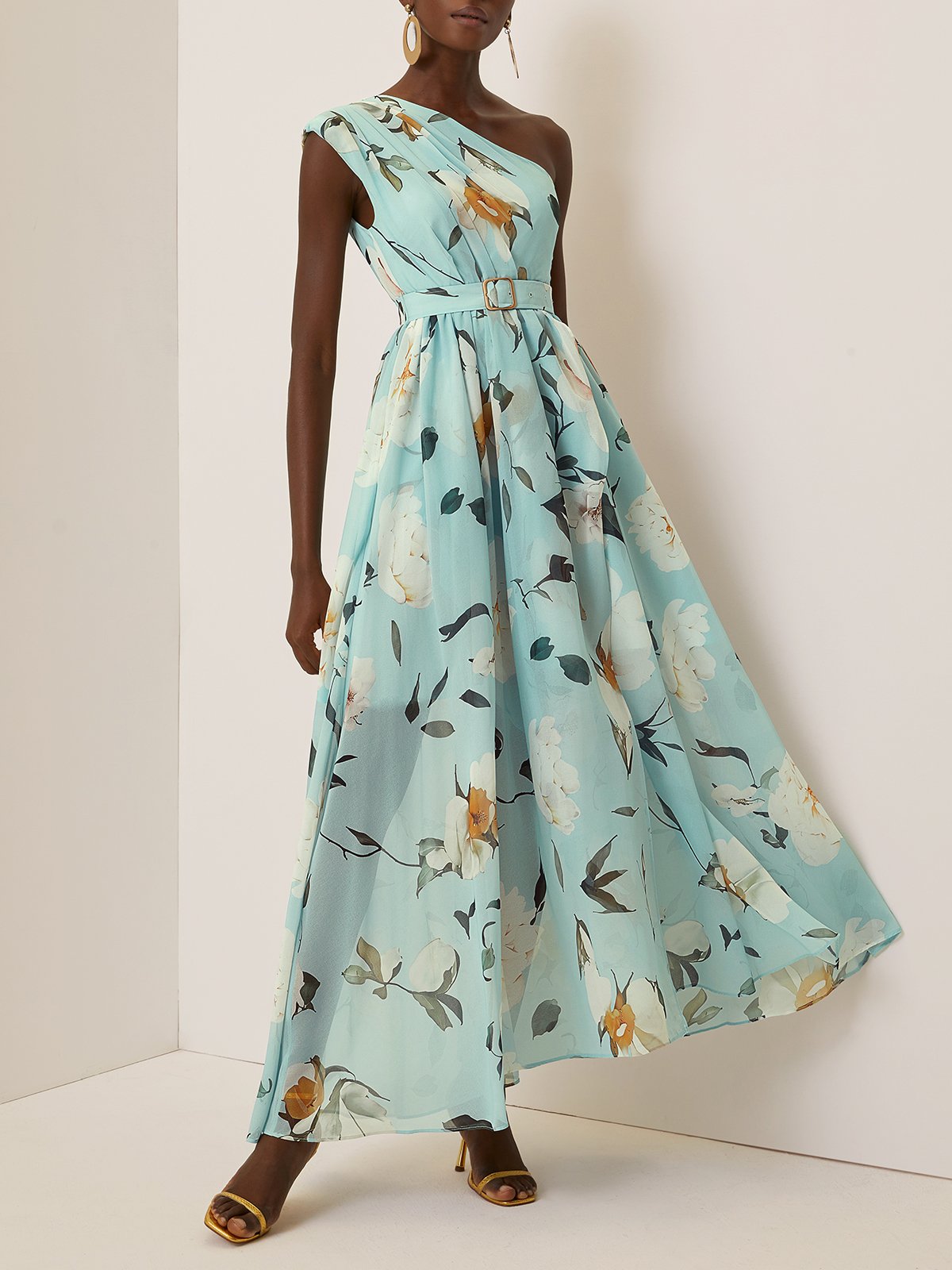 Light Green Floral Ruched One Shoulder A-Line Maxi Chiffon Dress