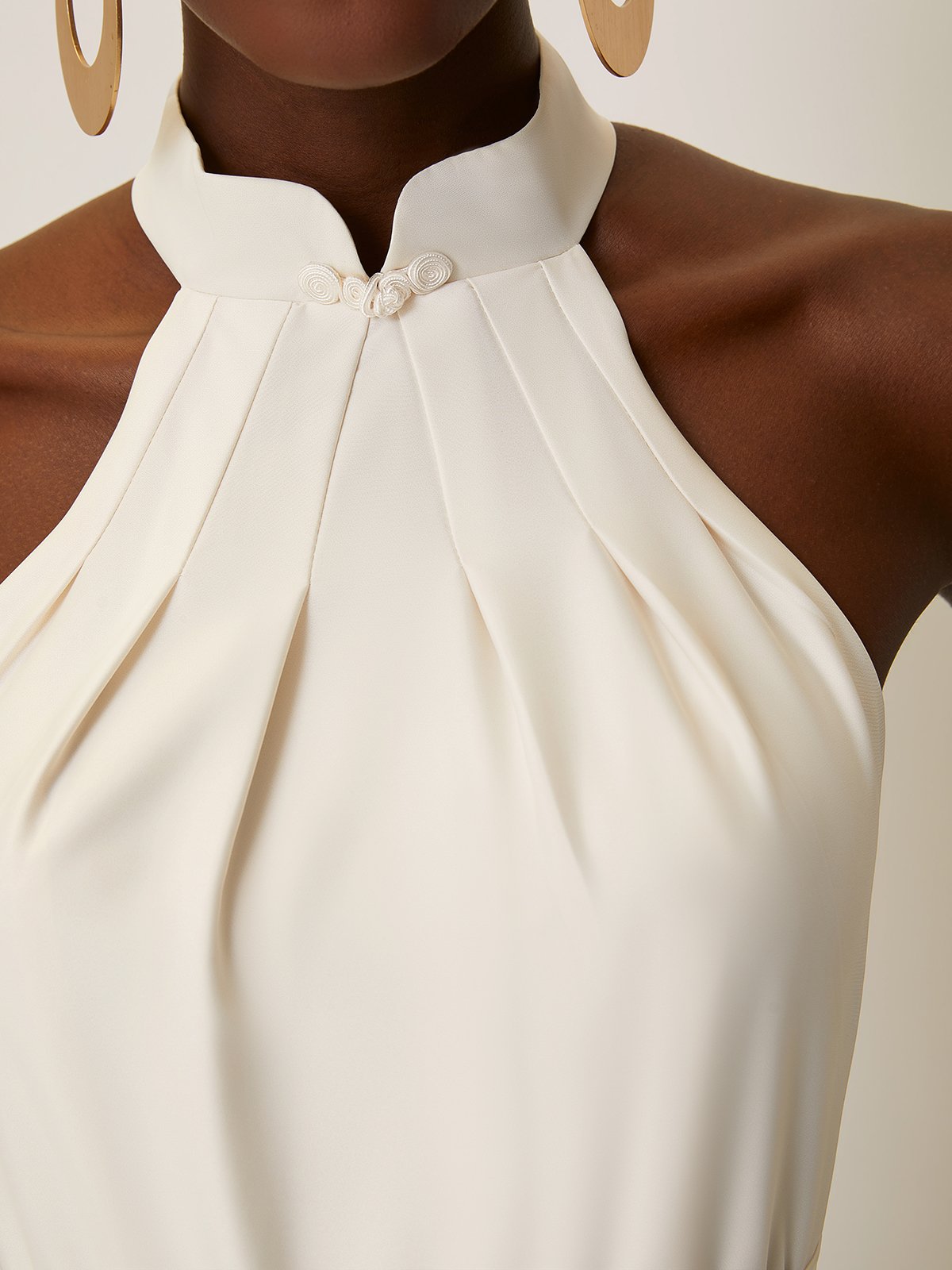 Beige Floral Bow Satin Halter Sleeveless A-Line Maxi Dress