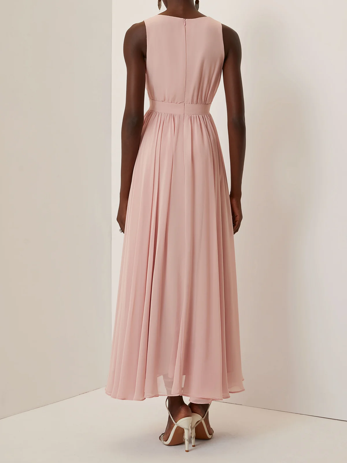 Pink 3D Floral Ruched Chiffon V Neck Sleeveless A-Line Maxi Dress