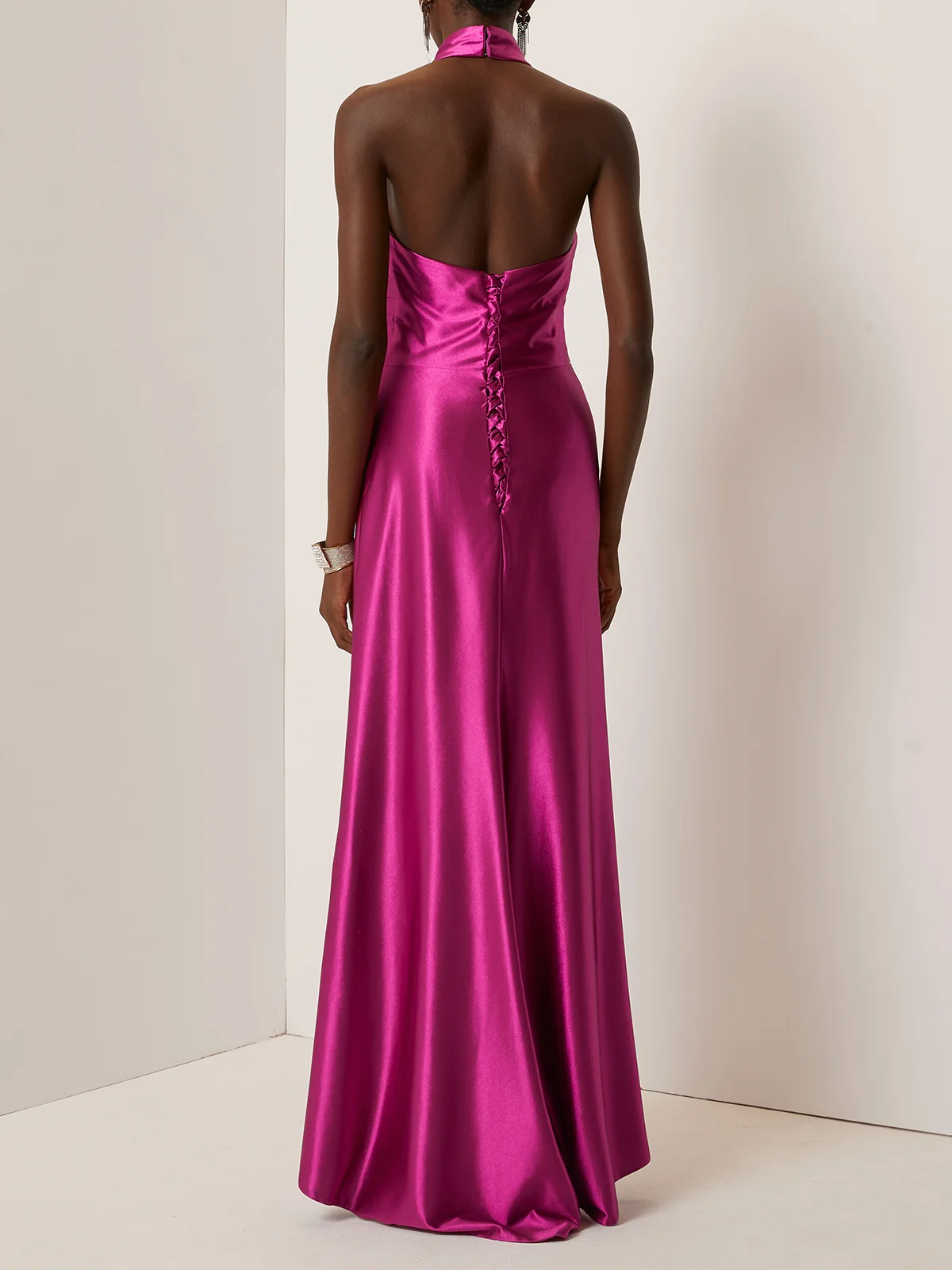 Rose Red Halter Neck Ruched Satin Mock Neck Sleeveless Sheath Gown Dress