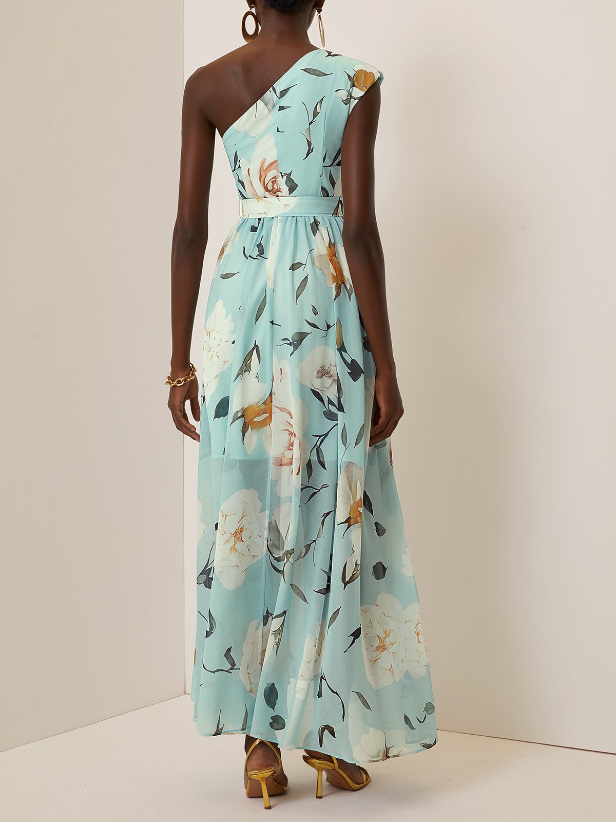 Light Green Floral Ruched One Shoulder A-Line Maxi Chiffon Dress