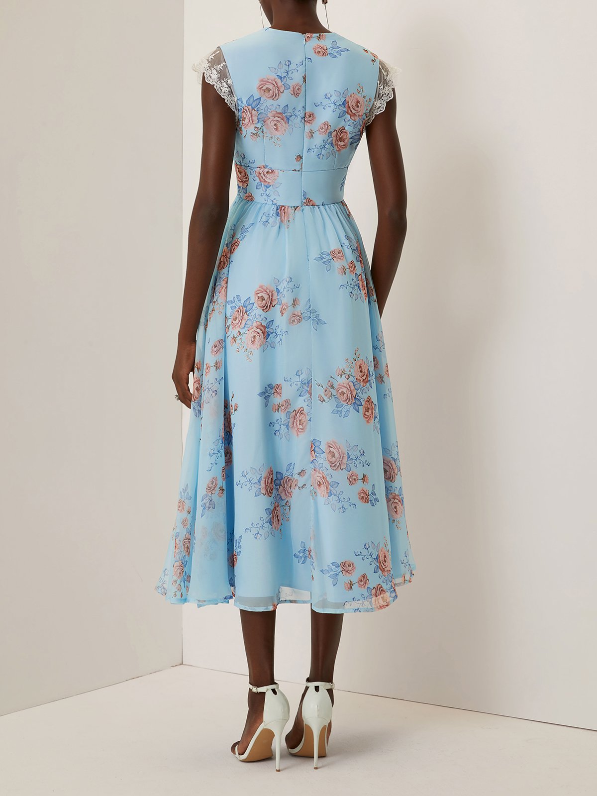 Light Blue Floral Lace Chiffon V Neck Cap Sleeve A-Line Maxi Dress