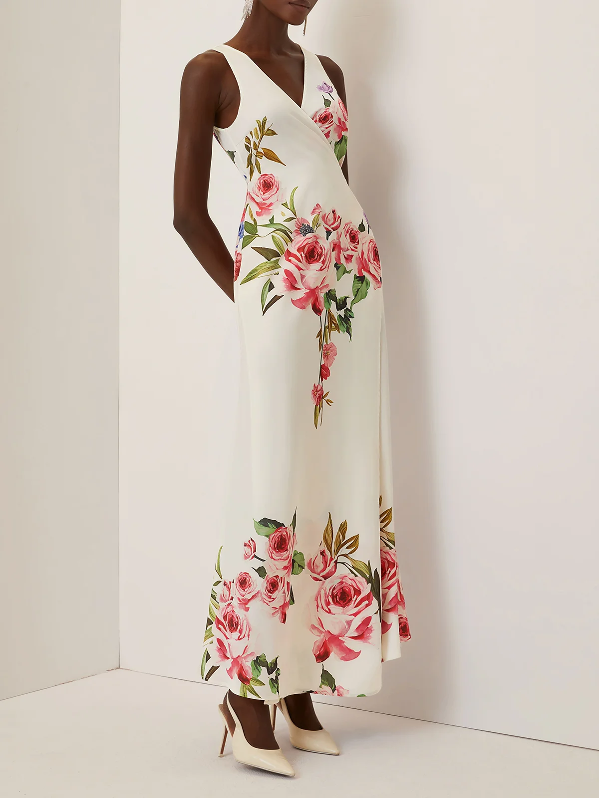 Pink Cross Floral Wrap Dress V Neck Sleeveless Mermaid Gown Dress