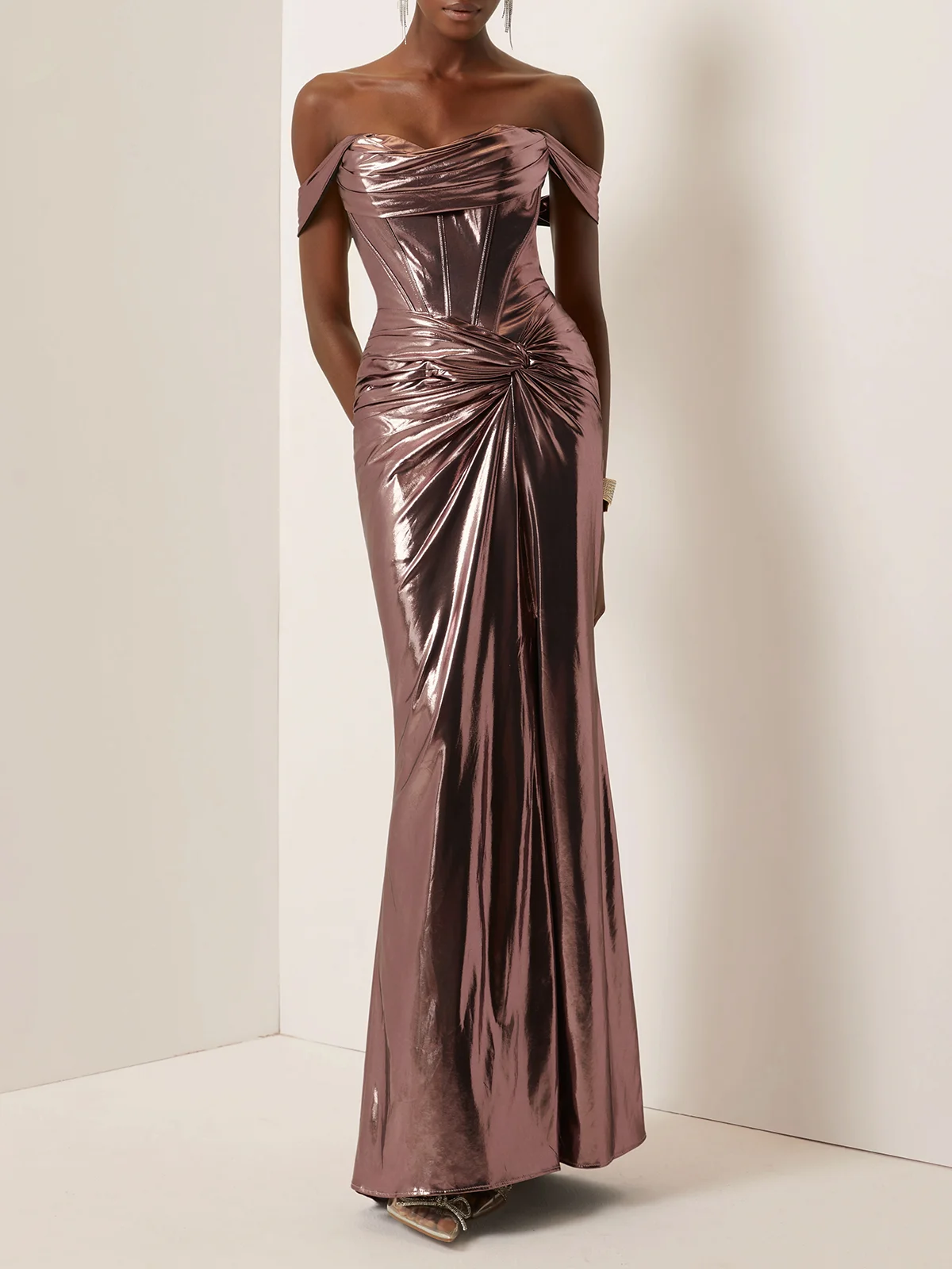Dark Rose Glod Metallic Ruched Satin Off The Shoulder Sleeveless Sheath Corset Maxi Dress