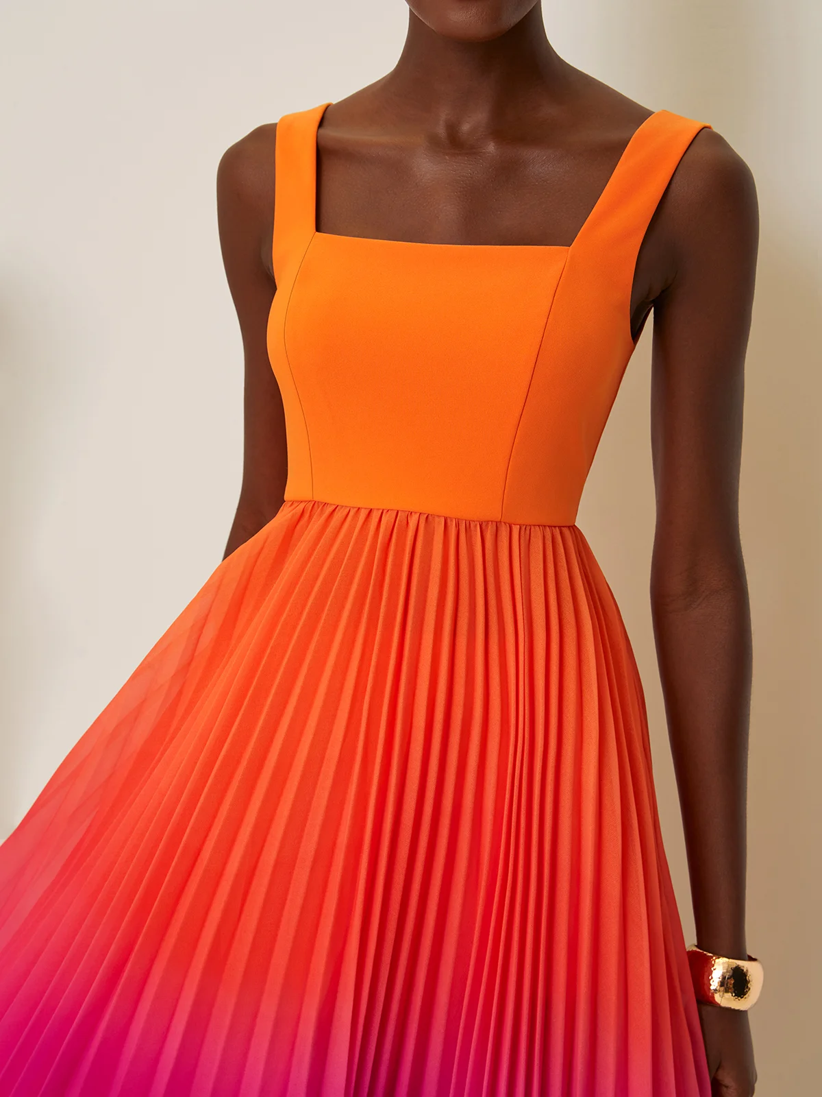 Orange Pleated Ombre Classic Square Neck Sleeveless A-Line Midi Dress