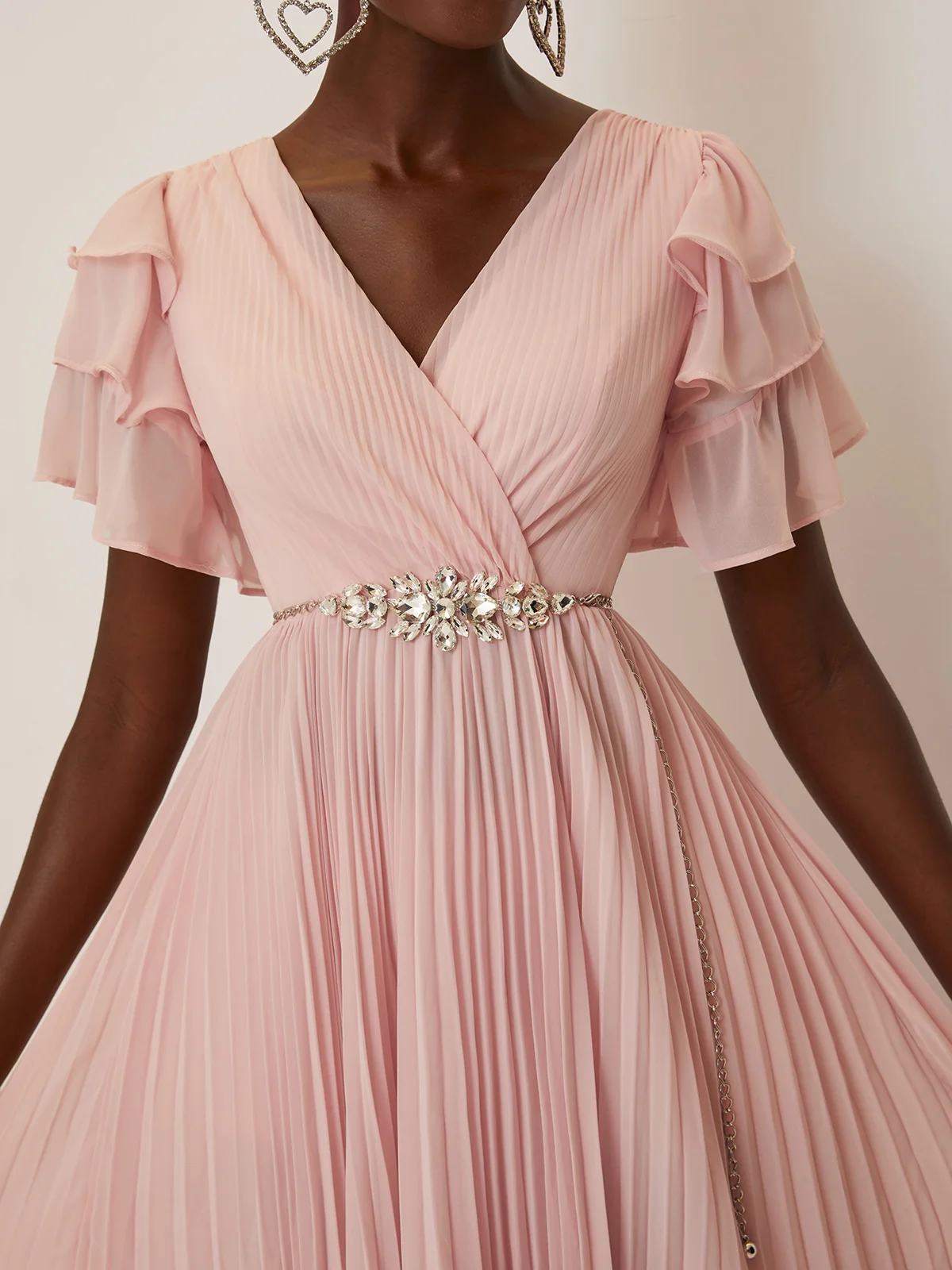Pink Pleated Hot Drilling Chiffon V Neck Short Sleeve Ruffle Sleeve A-Line Maxi Dress