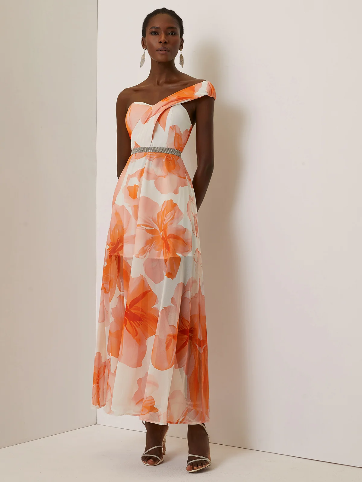 Orange Rhinestone Chiffon One Shoulder Sleeveless A-Line Maxi Dress