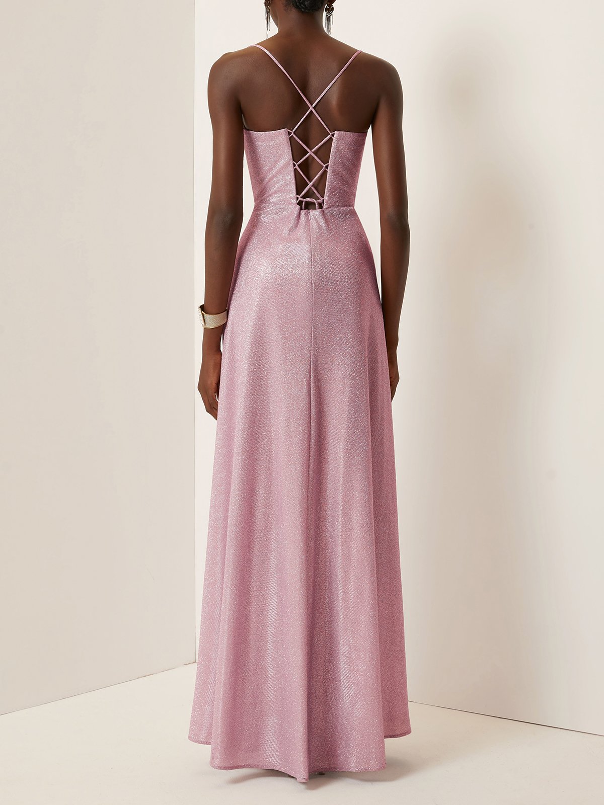 Light Pink Ruched Satin Spaghetti Corset A-Line Gown Dress