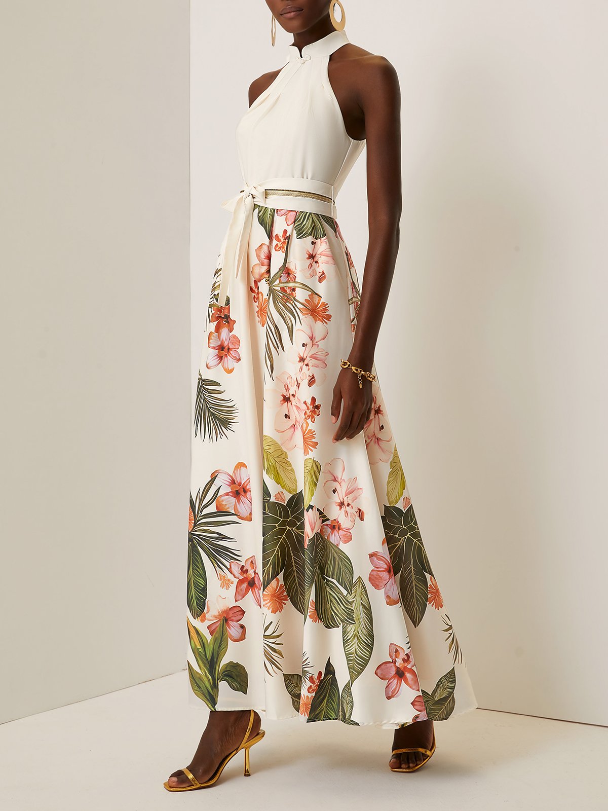 Beige Floral Bow Satin Halter Sleeveless A-Line Maxi Dress