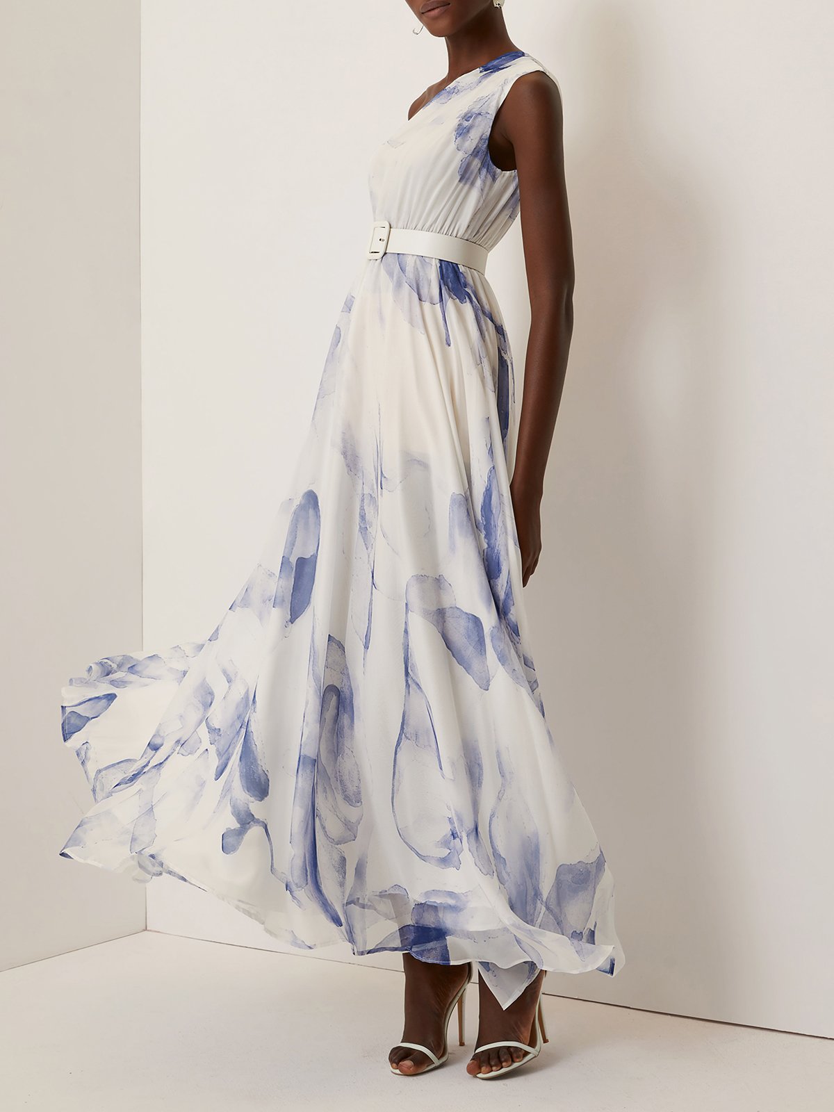 Blue Ruched Asymmetric Chiffon One Shoulder Short Sleeve A-Line Maxi Dress
