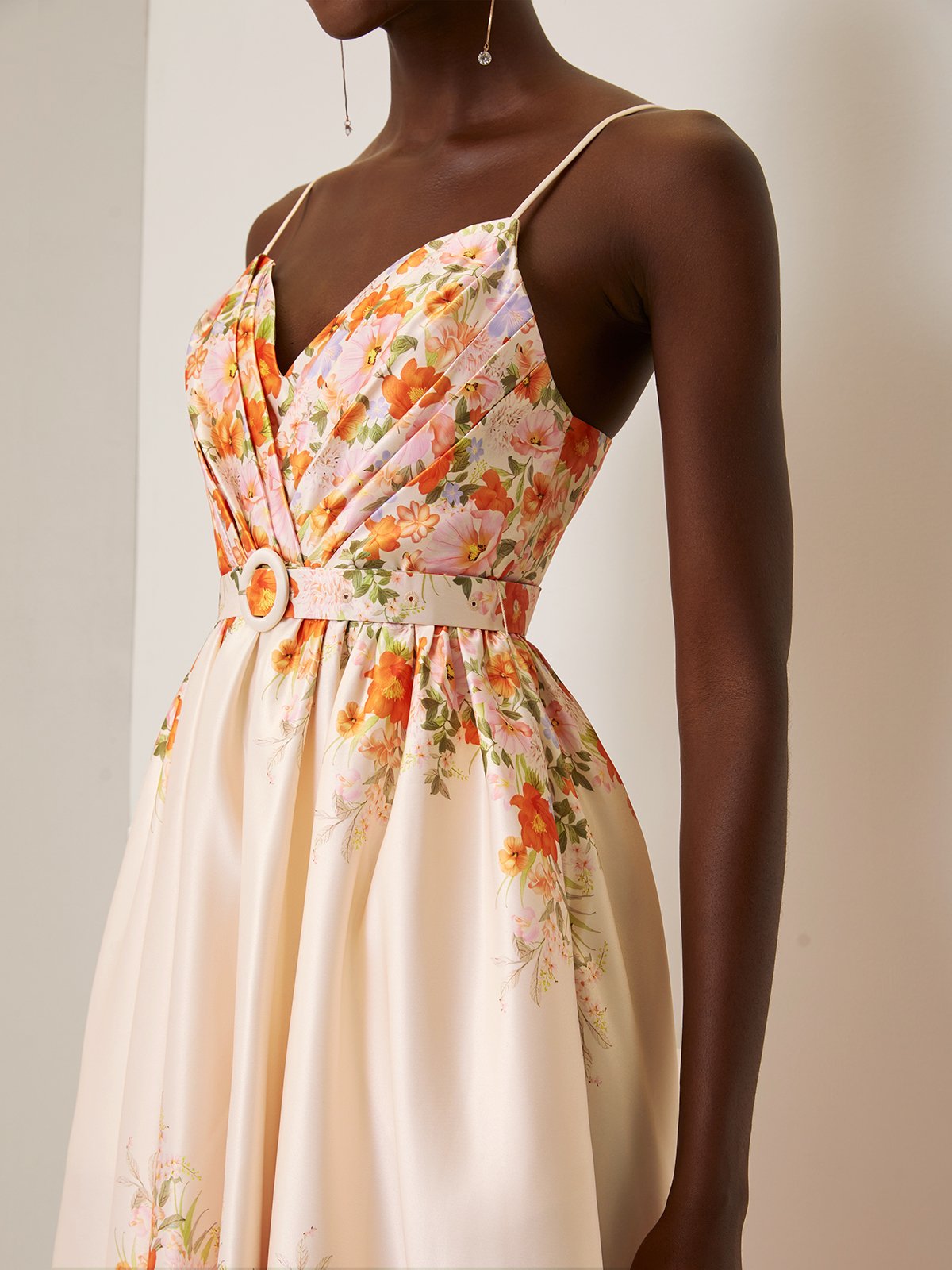 Beige Floral Spaghetti Sleeveless A-Line Midi Dress
