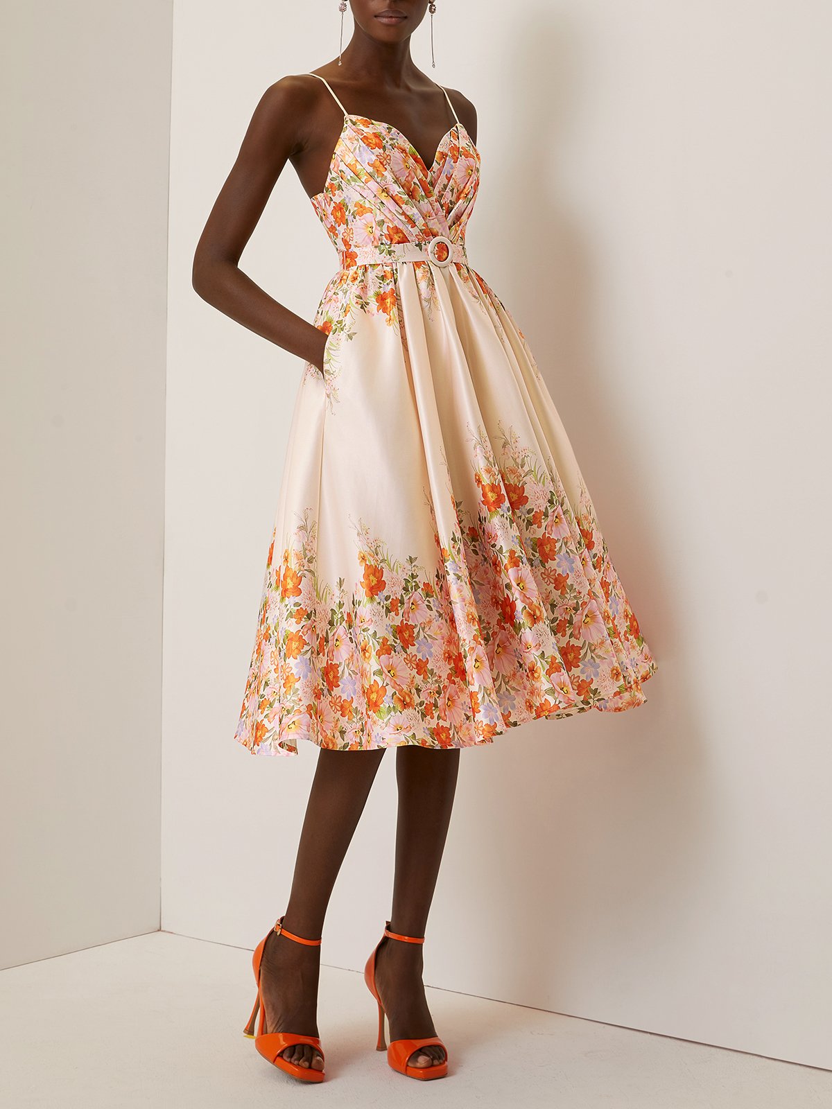 Beige Floral Spaghetti Sleeveless A-Line Midi Dress