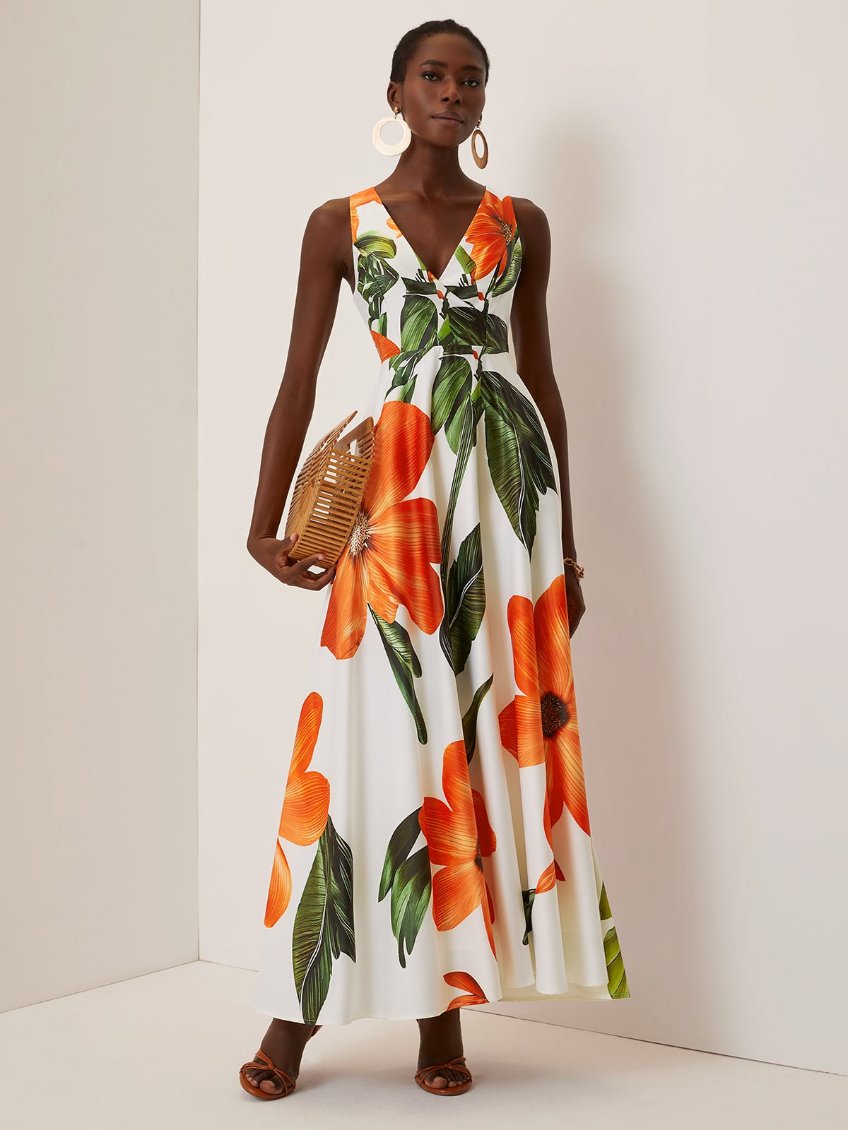 Orange Floral Satin V Neck Sleeveless A-Line Maxi Dress