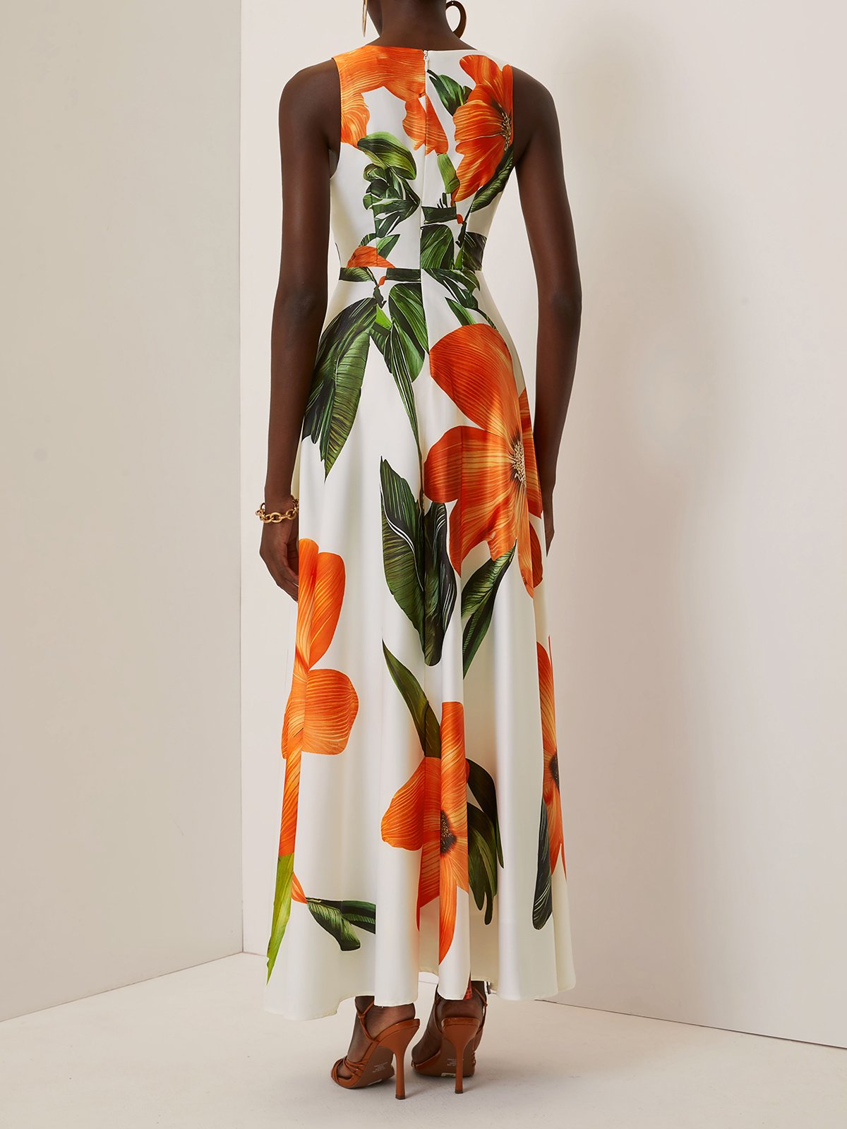 Orange Floral Satin V Neck Sleeveless A-Line Maxi Dress