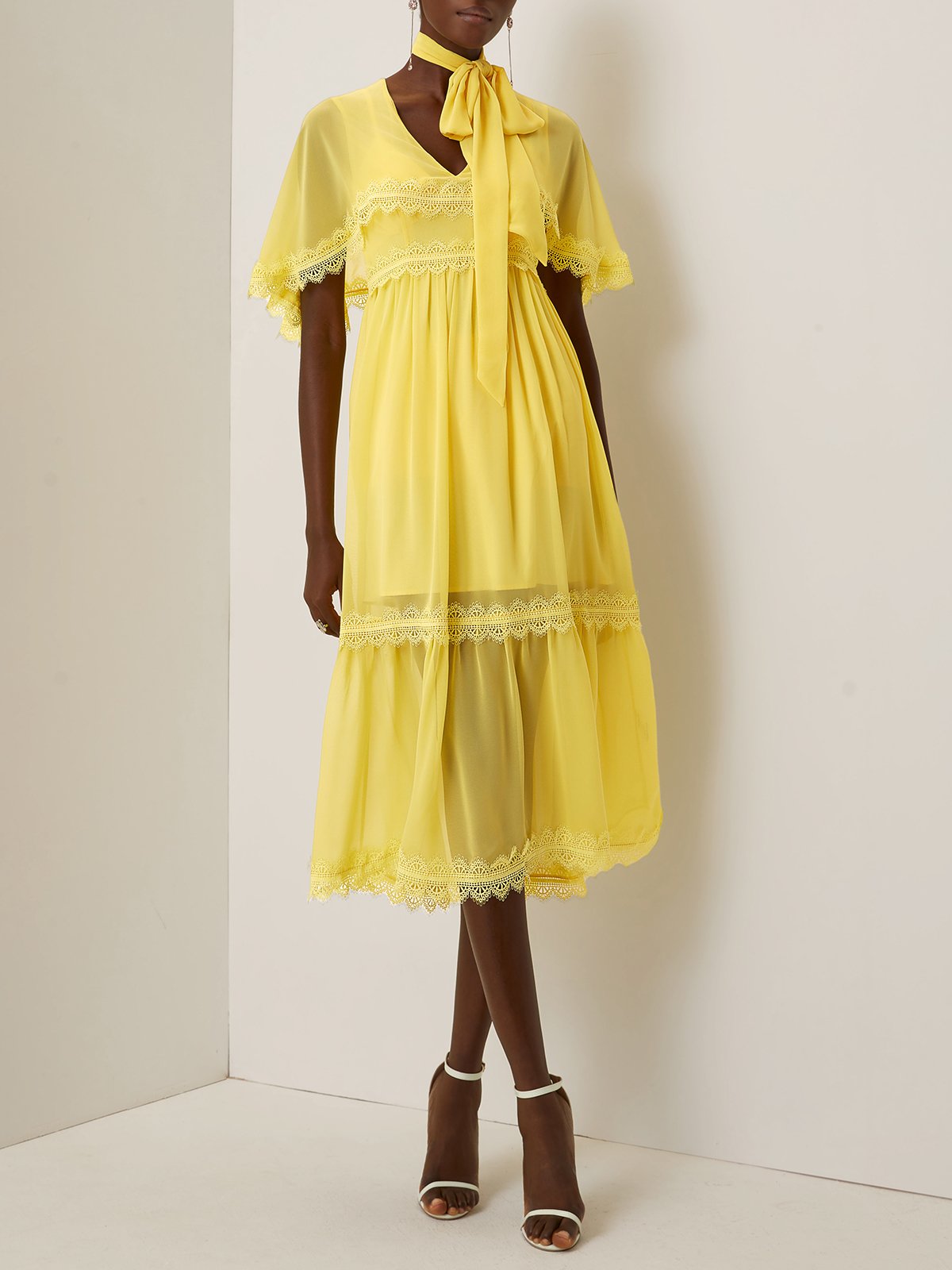 Yellow Lace Bow Chiffon V Neck Half Sleeve Raglan Sleeves A-Line Midi Dress