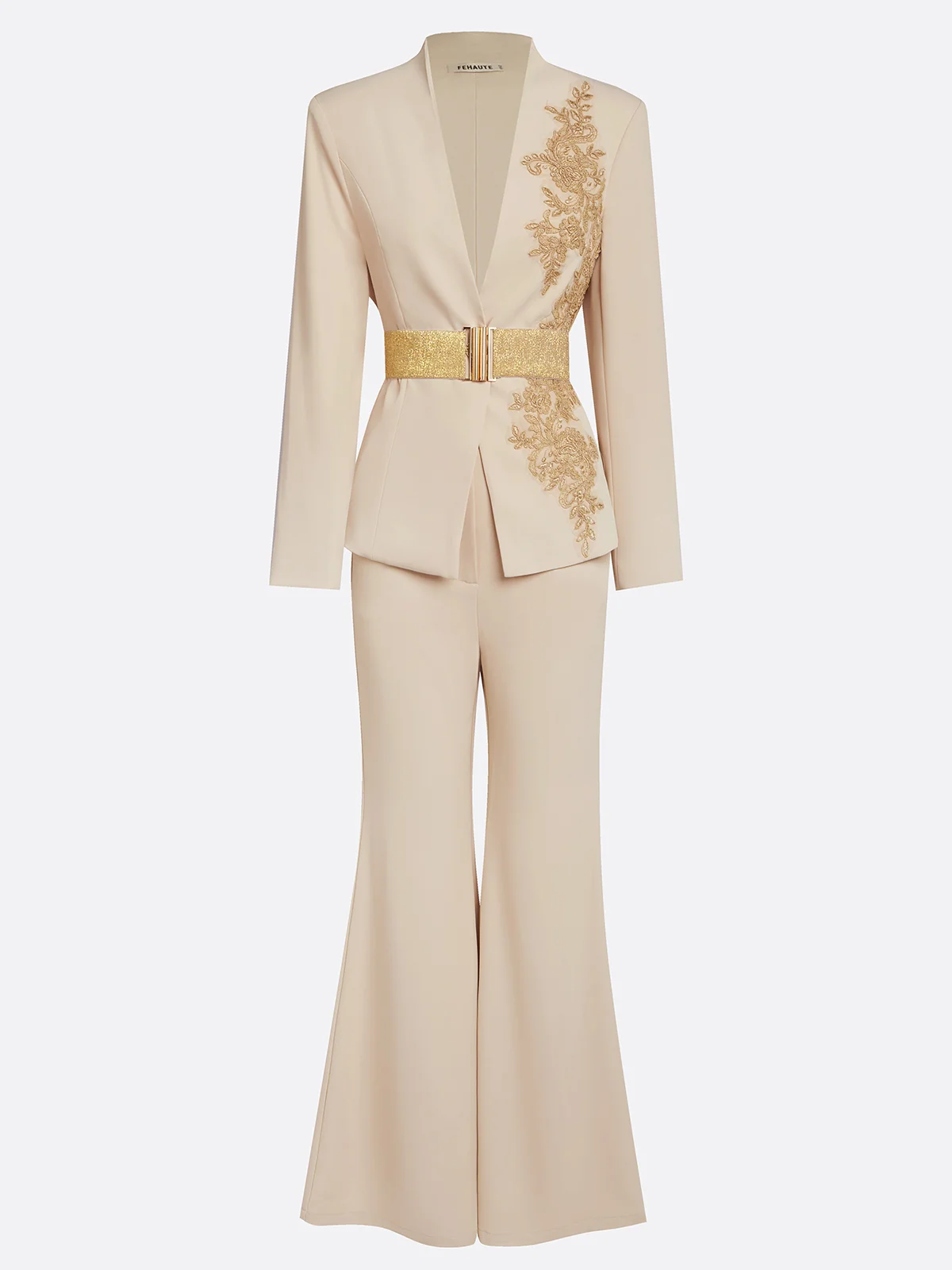 Women Apricot Applique V Neck Long Sleeve Two-Piece Set With Belt