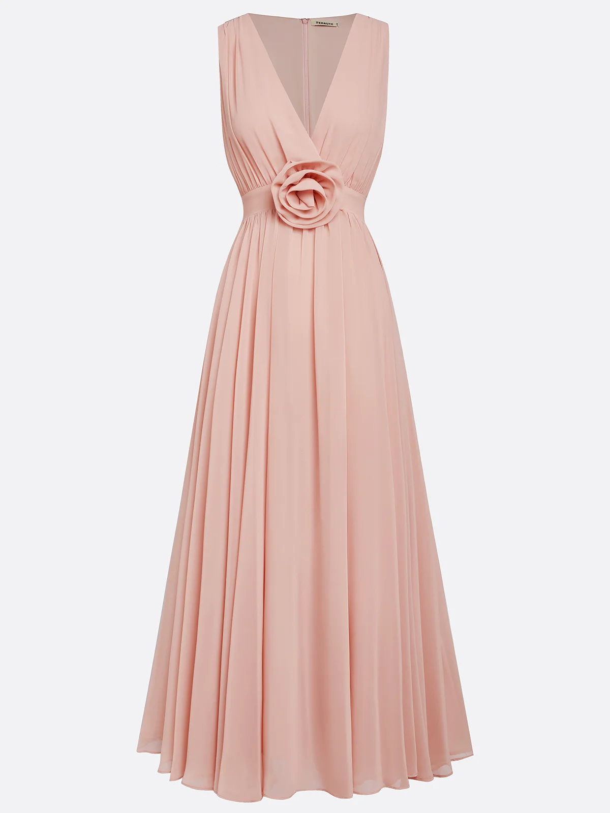 Pink 3D Floral Ruched Chiffon V Neck Sleeveless A-Line Maxi Dress