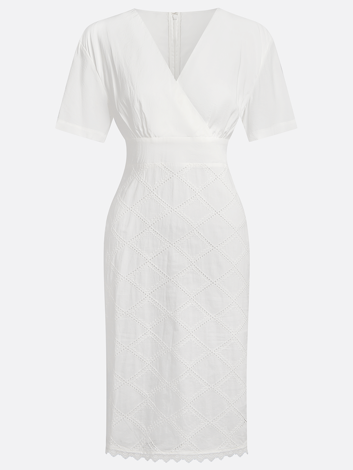White Hollow Out Plaid Classic V Neck Short Sleeve Sheath Midi Dress