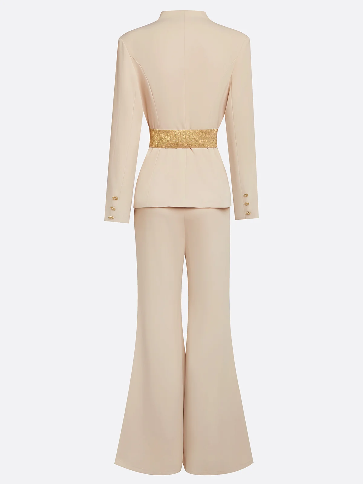 Women Apricot Applique V Neck Long Sleeve Two-Piece Set With Belt