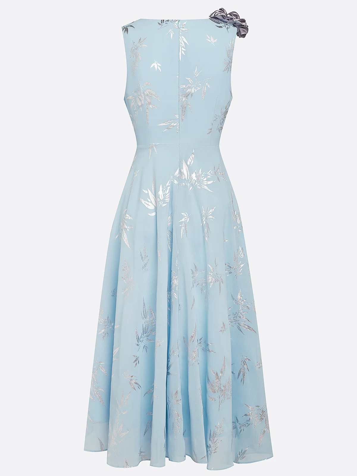 Light Blue 3D Floral Chiffon V Neck Sleeveless A-Line Maxi Dress