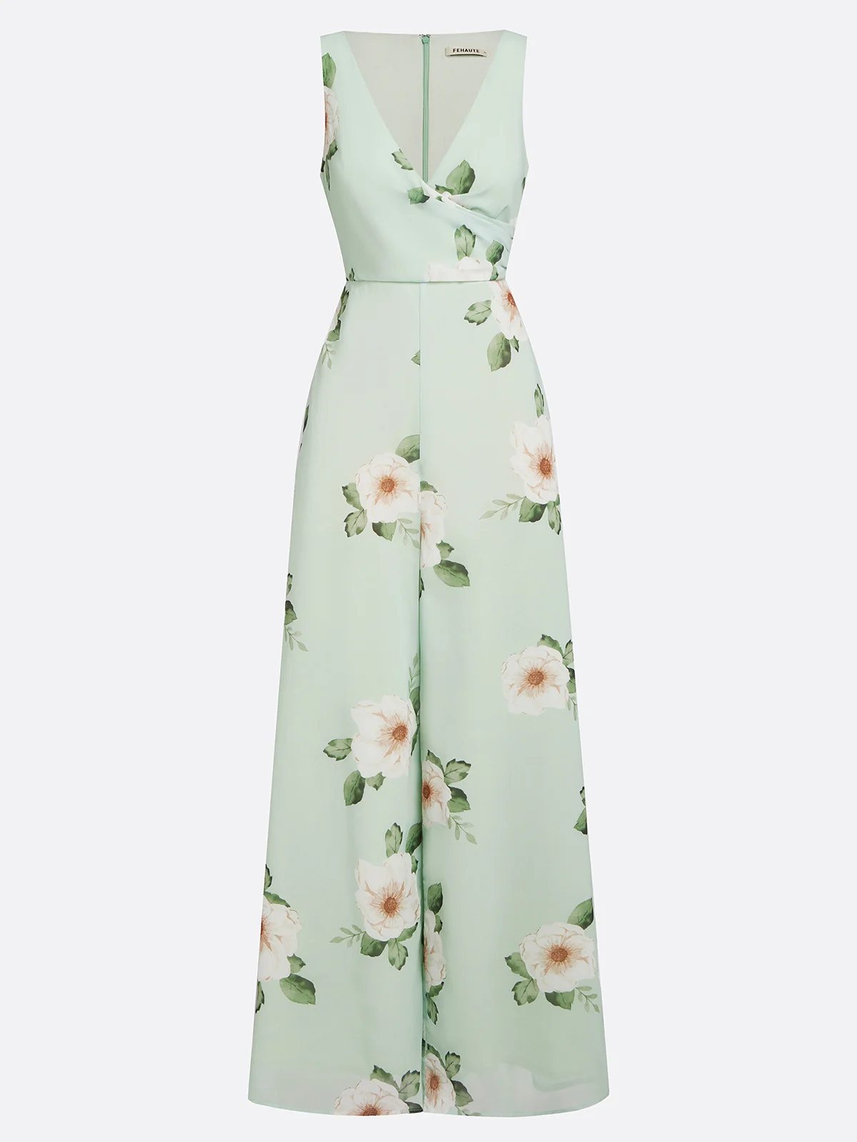 Light Green Floral V Neck Regular Fit Chiffon Jumpsuit