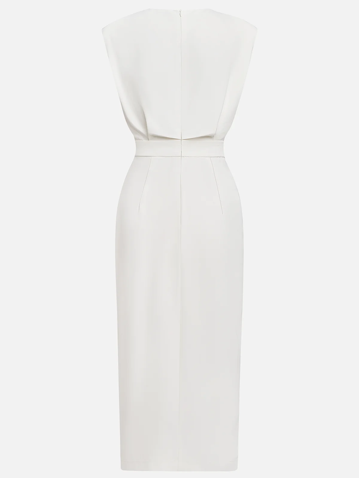 Off White Button Slit Crew Neck Sheath Midi Dress