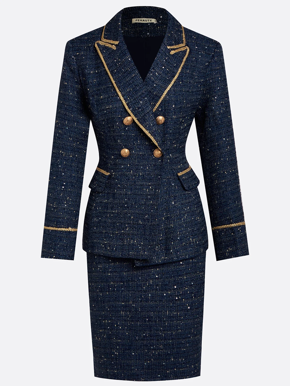 Navy Blue Piping Lapel Collar Long Sleeve Two-Piece Set