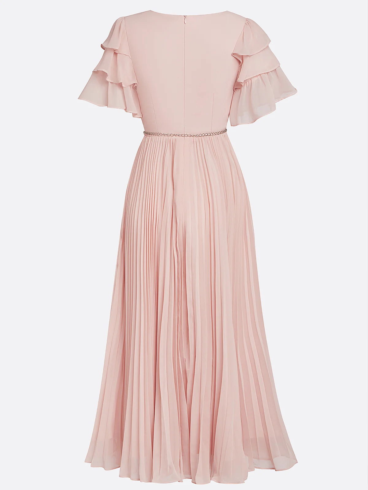 Pink Pleated Rhinestone Chiffon V Neck Short Sleeve Ruffle Sleeve A-Line Maxi Dress