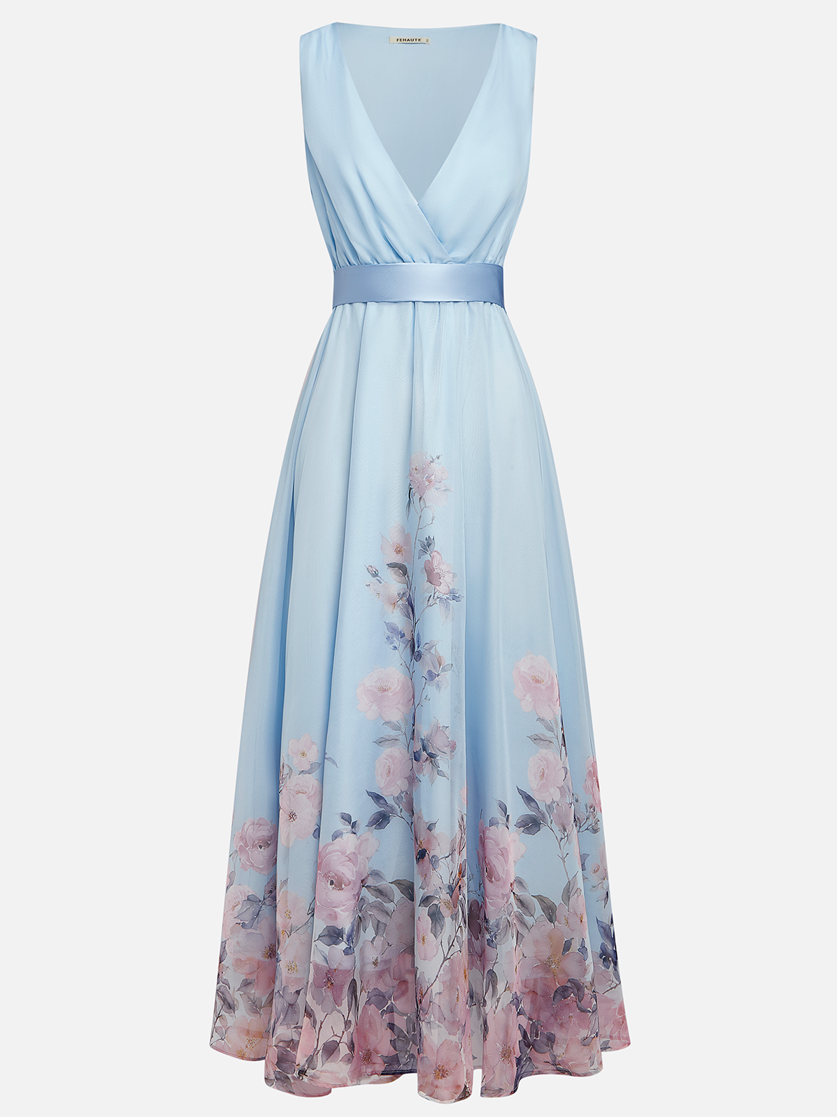 Light Blue Floral Chiffon V Neck Sleeveless A-Line Maxi Dress