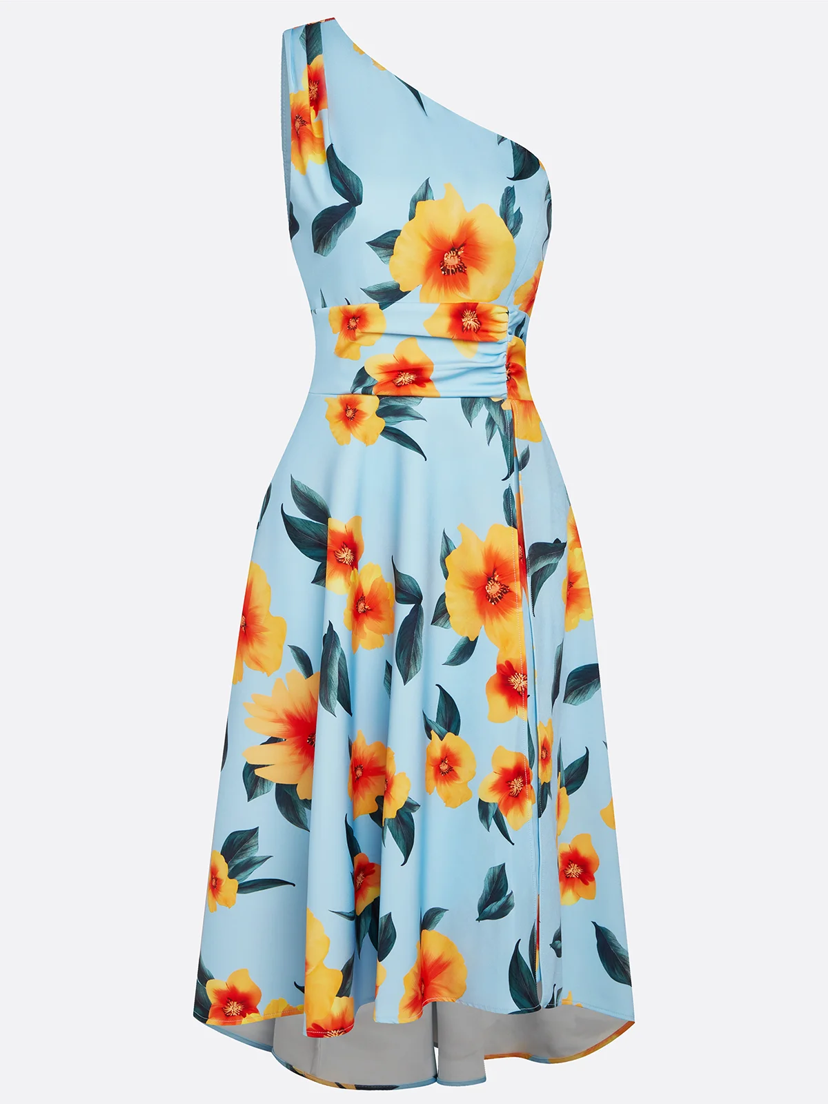 Blue Floral One Shoulder Sleeveless A-Line Midi Dress