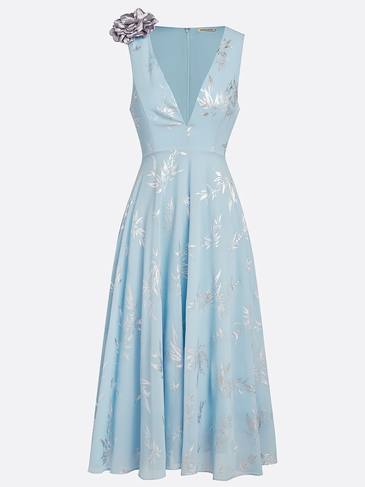 Light Blue 3D Floral Chiffon V Neck Sleeveless A-Line Maxi Dress