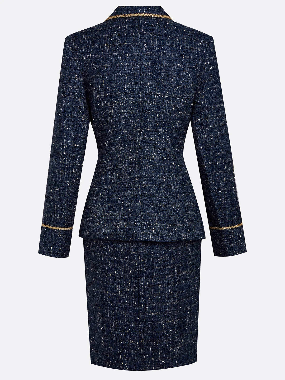 Navy Blue Piping Lapel Collar Long Sleeve Two-Piece Set