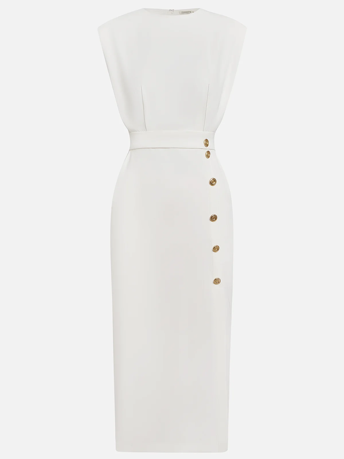 Off White Button Slit Crew Neck Sheath Midi Dress