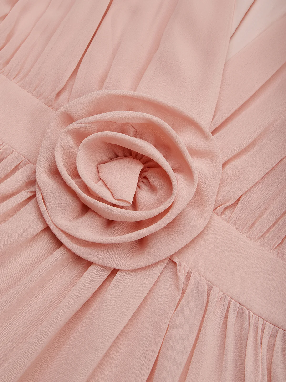 Pink 3D Floral Ruched Chiffon V Neck Sleeveless A-Line Maxi Dress