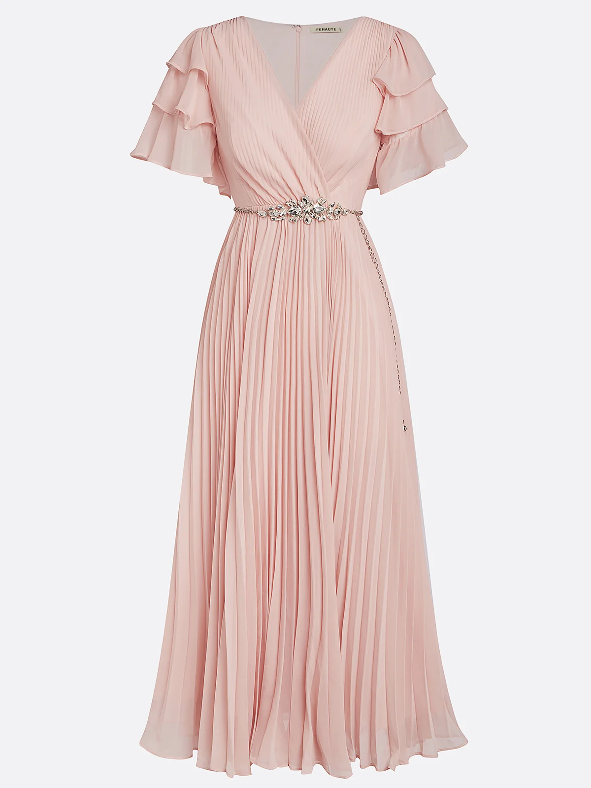 Pink Pleated Rhinestone Chiffon V Neck Short Sleeve Ruffle Sleeve A-Line Maxi Dress