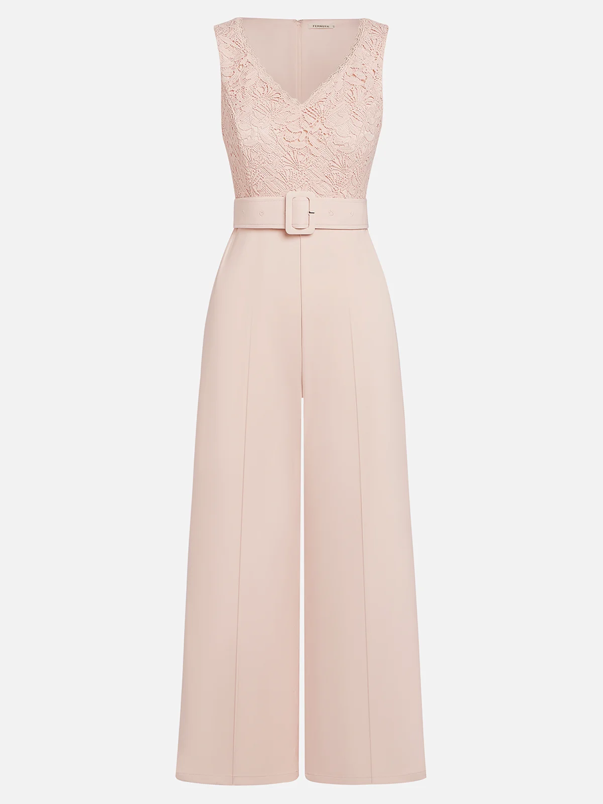 Pink Lace Morden Regular Fit V Neck Jumpsuit With Belt
