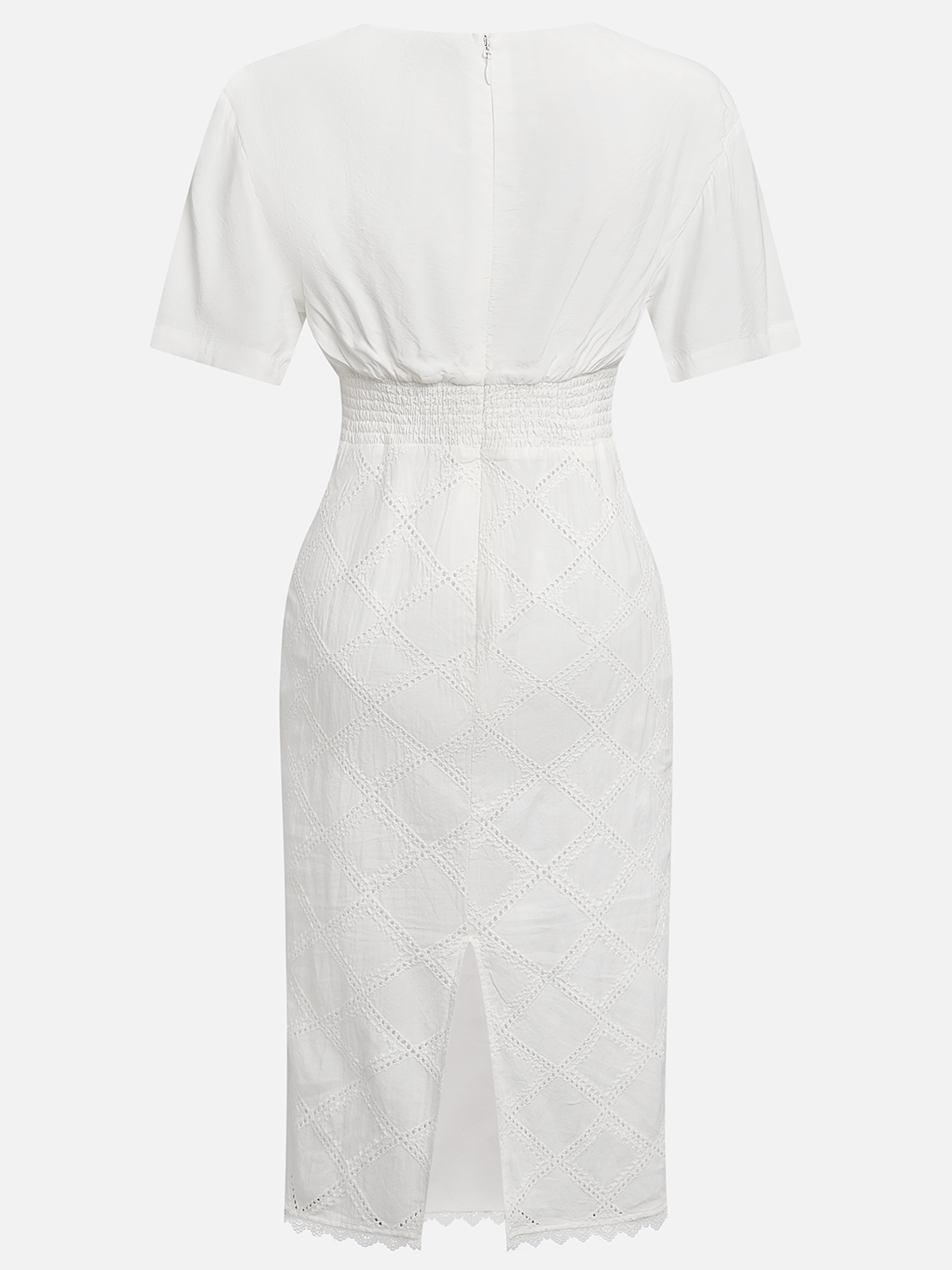 White Hollow Out Plaid Classic V Neck Short Sleeve Sheath Midi Dress