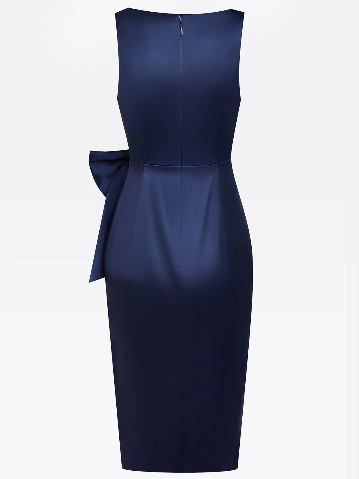 Purplish Blue Hot Drilling Bow Classic Crew Neck Sleeveless Sheath Midi Dress