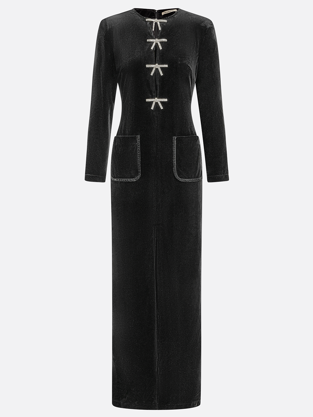 Black Bow Rhinestone Velvet Crew Neck Long Sleeve Sheath Maxi Dress