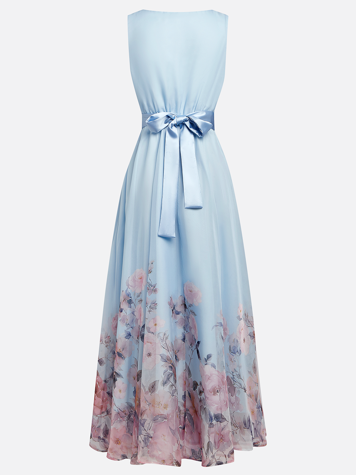 Light Blue Floral Chiffon V Neck Sleeveless A-Line Maxi Dress