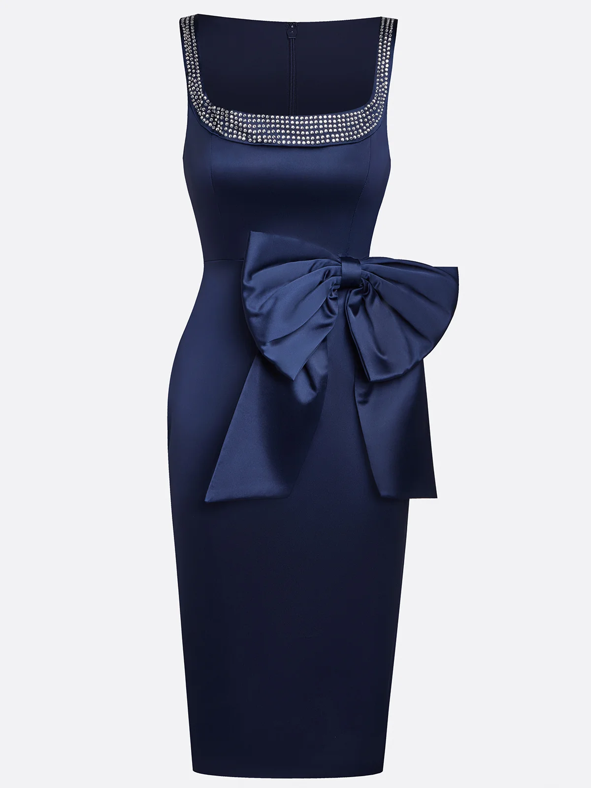 Purplish Blue Hot Drilling Bow Classic Crew Neck Sleeveless Sheath Midi Dress