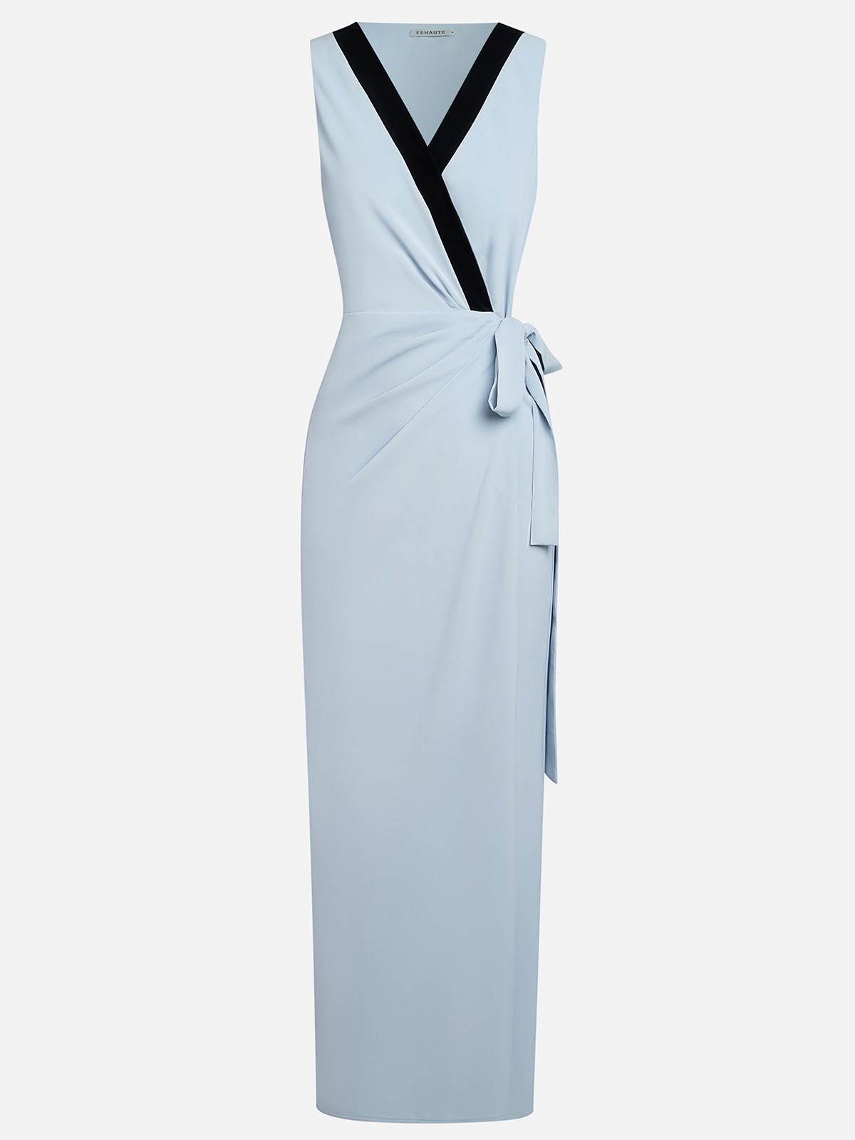 Light Blue Cotton Ruched Wrap Dress V Neck Sleeveless Sheath Maxi Dress