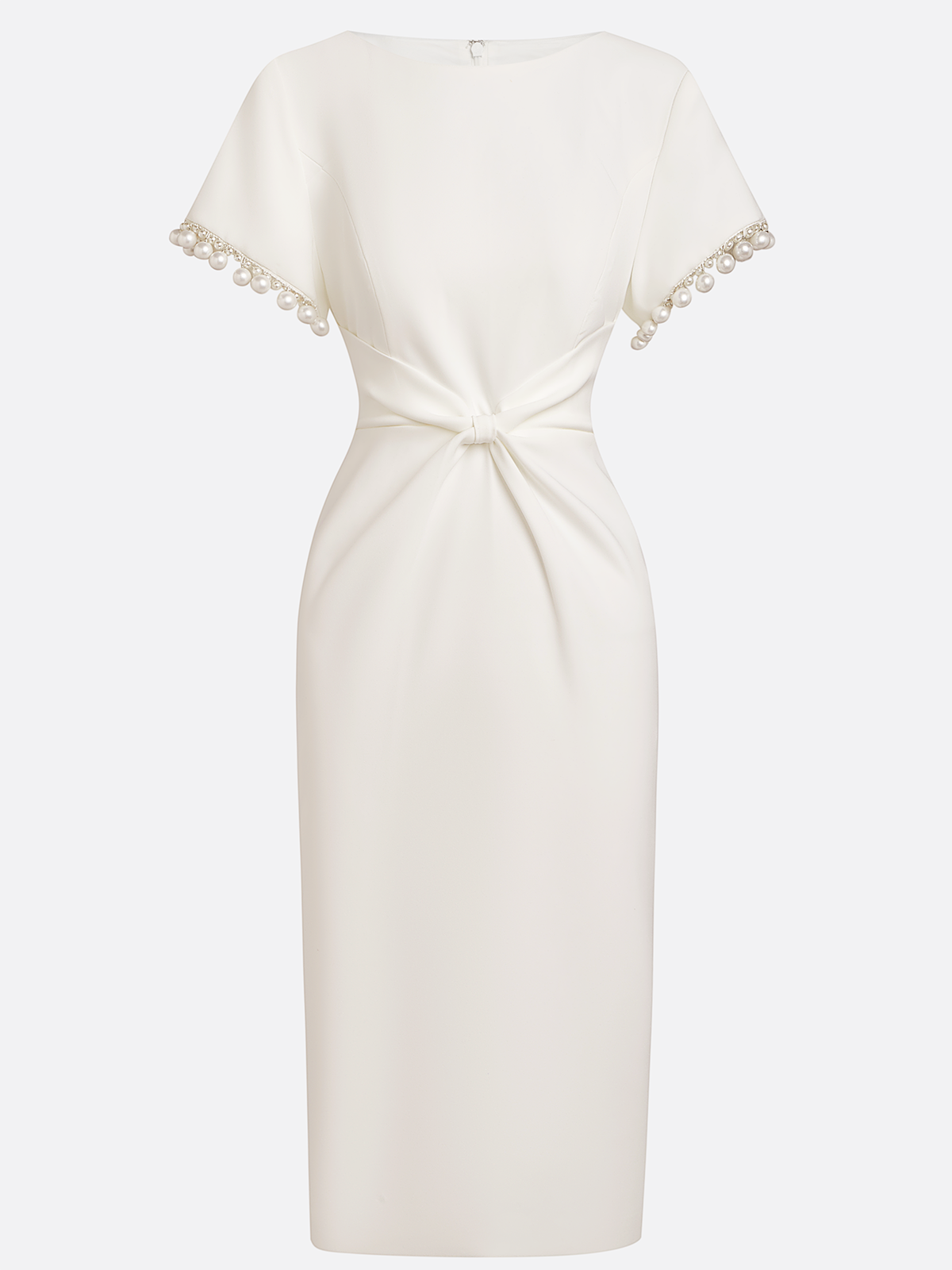 White Imitation Pearls Knot Front Classic Boat Neck Short Sleeve Sheath Midi Dress