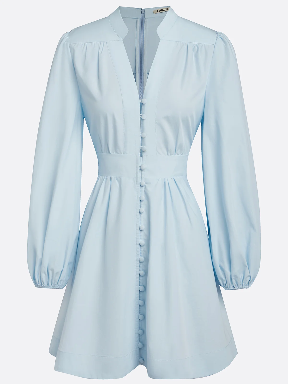 Light Blue Buckle Gathered Cotton V Neck Long Sleeve Balloon Sleeve A-Line Mini Dress
