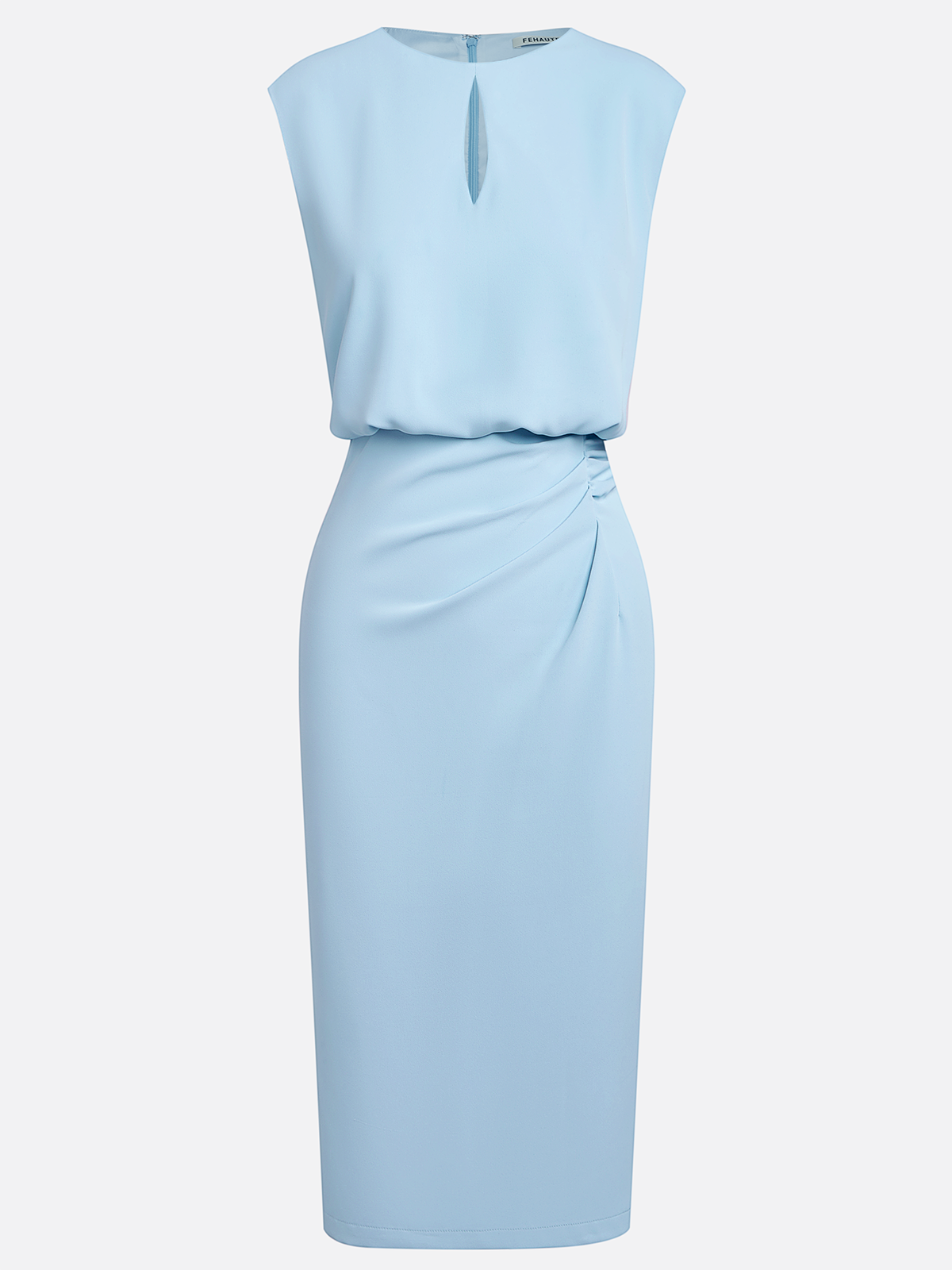 Light Blue Ruched Cut Out Classic Crew Neck Cap Sleeve Sheath Midi Dress