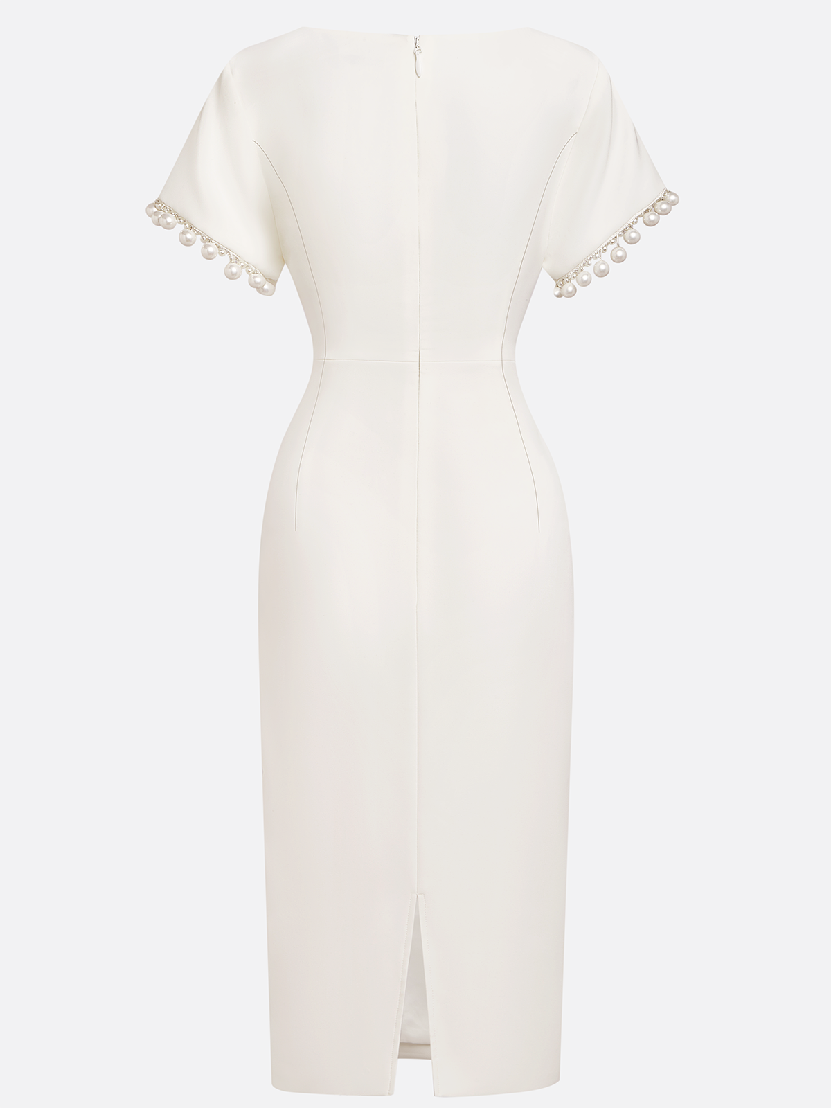 White Imitation Pearls Knot Front Classic Boat Neck Short Sleeve Sheath Midi Dress