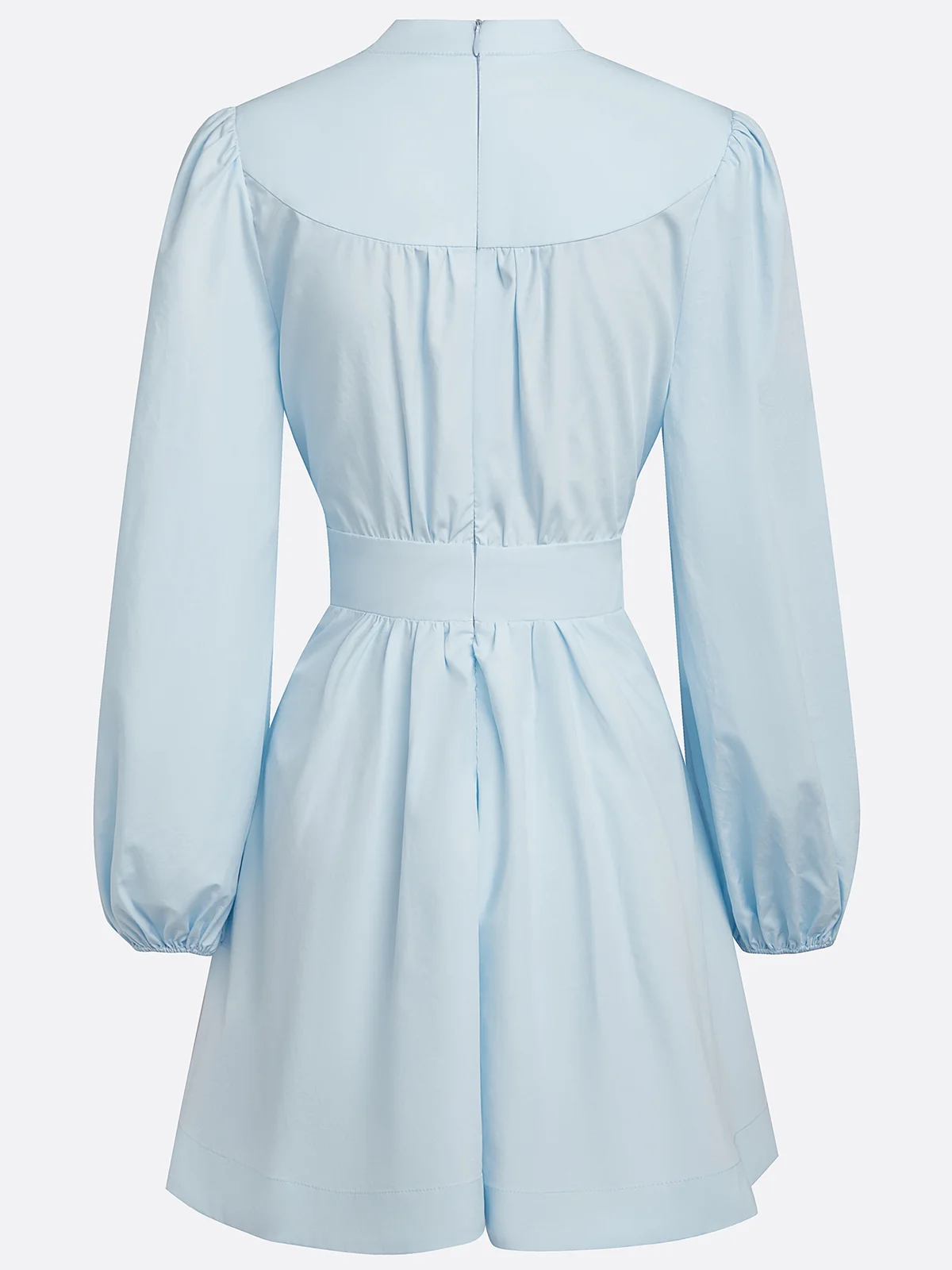 Light Blue Buckle Gathered Cotton V Neck Long Sleeve Balloon Sleeve A-Line Mini Dress